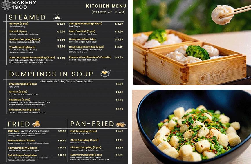bakery kitchen menu with two images of asian dishes